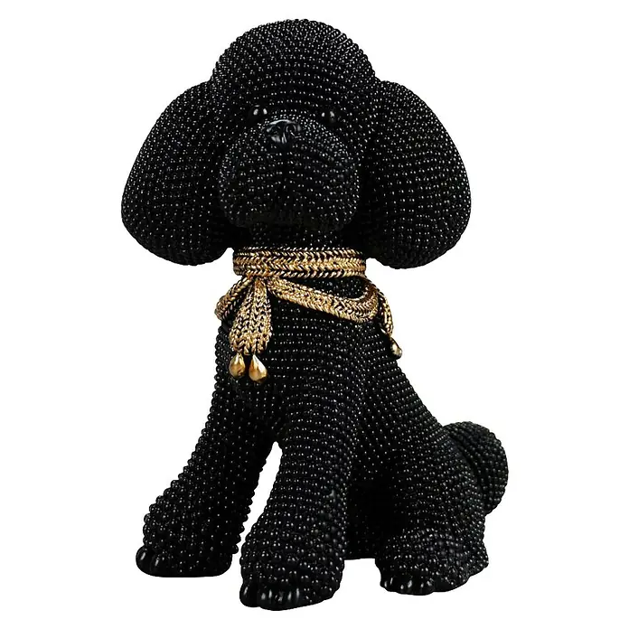 Dekofigur Pudelhund - Höhe: 19 cm, Schwarz - Schwarze Perlenpudel-Figur mit goldenem gewebtem Halsband.