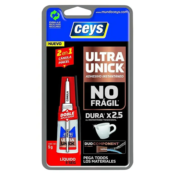 Ceys Pegamento instantáneo Ultra Unick 2 en 1 - 5 g - Envase de adhesivo instantáneo Ceys Ultra Unick con pincel y punta de precisión para un encolado preciso y limpio en 3 segundos.