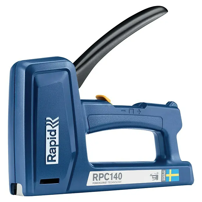 Rapid Grapadora manual RPC140 - Profundidad de grapado: 6 mm - 16 mm, Apto para: Manualidades - Primer plano de una grapadora eléctrica azul Rapid RPC140, ideal para proyectos de bricolaje.