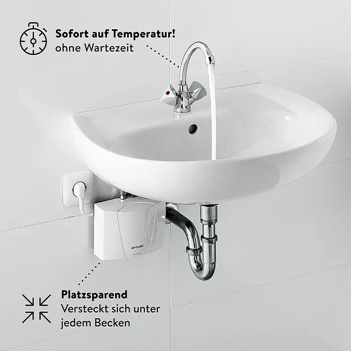Clage Kleindurchlauferhitzer M3/SNM ND - 3,5 kW, Hydraulisch, Offen - Waschbecken mit Armatur und Warmwasserbereiter von CLAGE. Der Warmwasserbereiter sorgt sofort für warmes Wasser ohne Wartezeit und ist platzsparend.