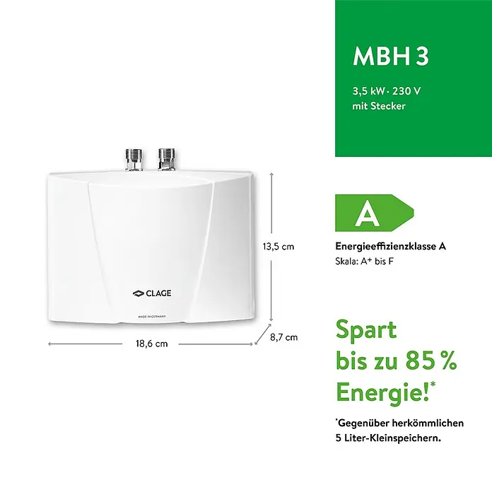 Clage Kleindurchlauferhitzer MBH3 - 3,5 kW, Hydraulisch, Druckfest - Abbildung eines CLAGE MBH 3 Kleinspeichers mit den Maßen 18,6 x 13,5 x 8,7 cm, Energieeffizienzklasse A und einer Energieeinsparung von bis zu 85%.