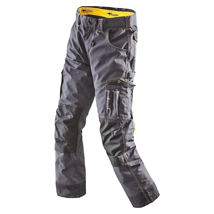 Terrax Workwear Herren-Arbeitshose - 56, Grau, Gelb - Abgebildete graue Arbeitshose mit gelben Akzenten und vielen Taschen, ideal für Handwerker.