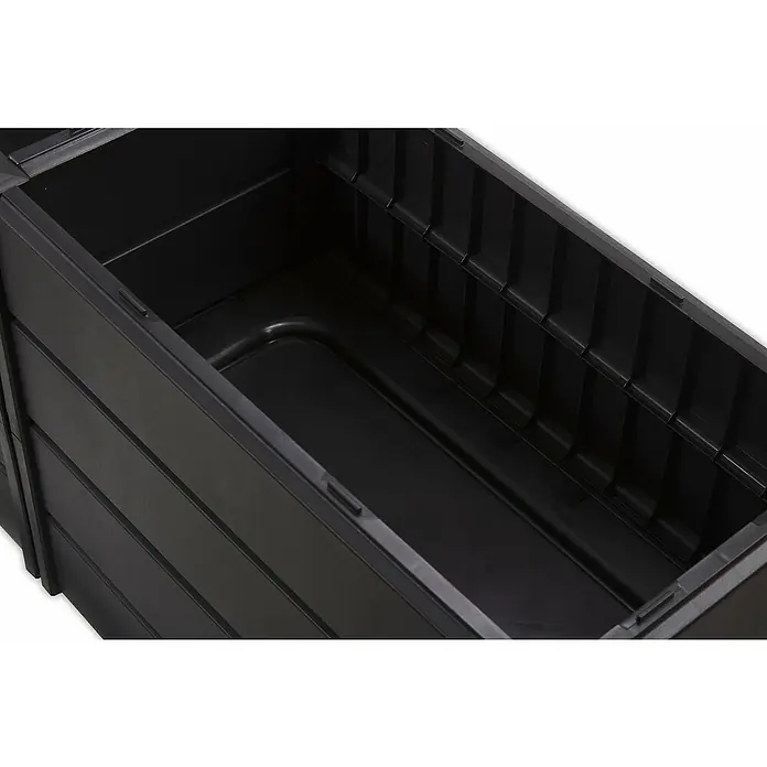 KHW Zwischenboden - Passend für: KHW Hochbeet Demeter schmal, 82 x 44 cm, 2 Stk. - Detailaufnahme einer schwarzen, rechteckigen Gartenbox, die robust und ideal für die Aufbewahrung im Freien ist. Die Box ist leer und zeigt ihre geräumige Innenausstattung.