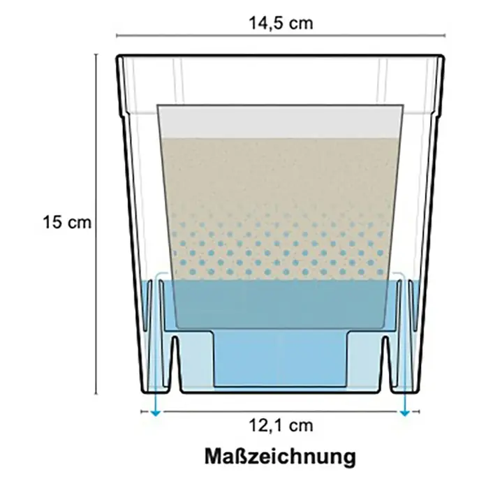 Pflanztopf Set 8er FlexiFlora - Kunststoff, Schwarz, 8 Stk. - Transparenter Selbstbewässerungs-Pflanztopf im Querschnitt mit Innentopf, Wasserreservoir und Maßen.