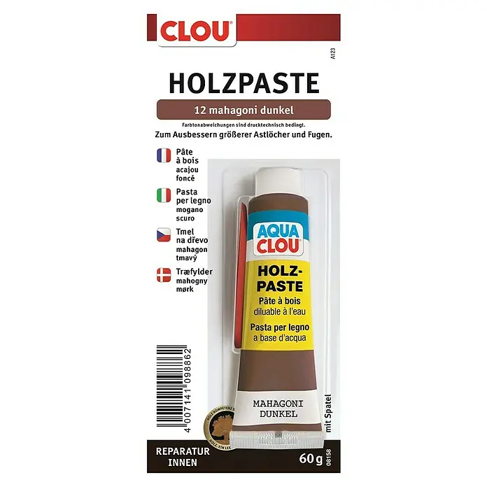 Clou Aqua Holzpaste - Mahagoni dunkel, 60 g - Abbildung einer Packung CLOU Holzpaste, Farbton Mahagoni Dunkel, zur Reparatur von Holzoberflächen im Innenbereich.