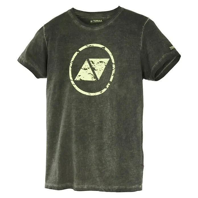 Terrax Workwear T-Shirt - XXL, Dunkelgrün/Lime - Olivfarbenes TERRAX-T-Shirt mit einem abstrakten grafischen Design in der Mitte, das für einen lässigen und dennoch stilvollen Look sorgt.