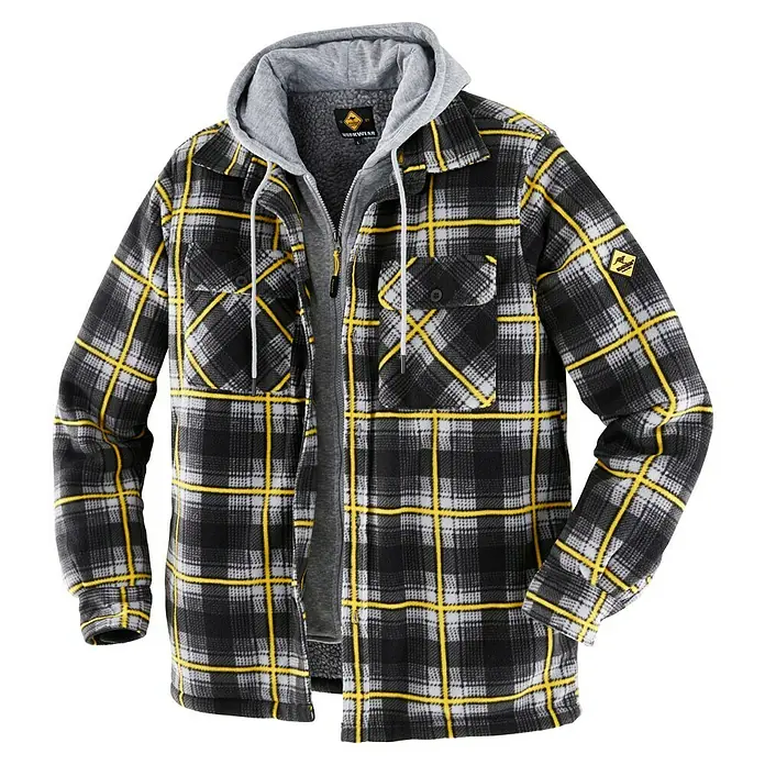 Terrax Workwear Thermojacke - M, Anthrazit/Gelb - Karierte Arbeitsjacke mit Kapuze. Robustes Hemdjacke-Design mit gelben und weißen Akzenten. Perfekt für Arbeit und Freizeit, bietet Wärme und Stil.