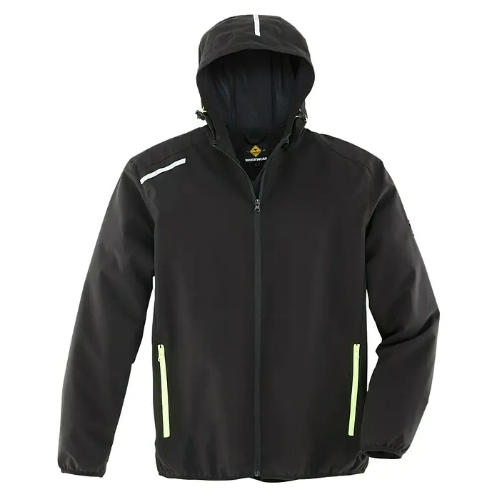 Terrax Workwear Arbeitsjacke - M, Schwarz/Limette - Schwarze Jacke mit Kapuze und reflektierenden Elementen, ideal für Arbeit und Freizeit.