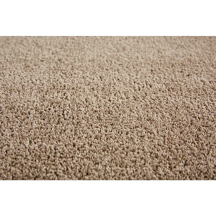 Fußmatte Moon - Taupe, 100 x 60 cm, 100 % Polyester - Nahaufnahme eines beigen Teppichs mit dichter Textur, ideal für Wohnräume, der Komfort und Wärme ausstrahlt.\n