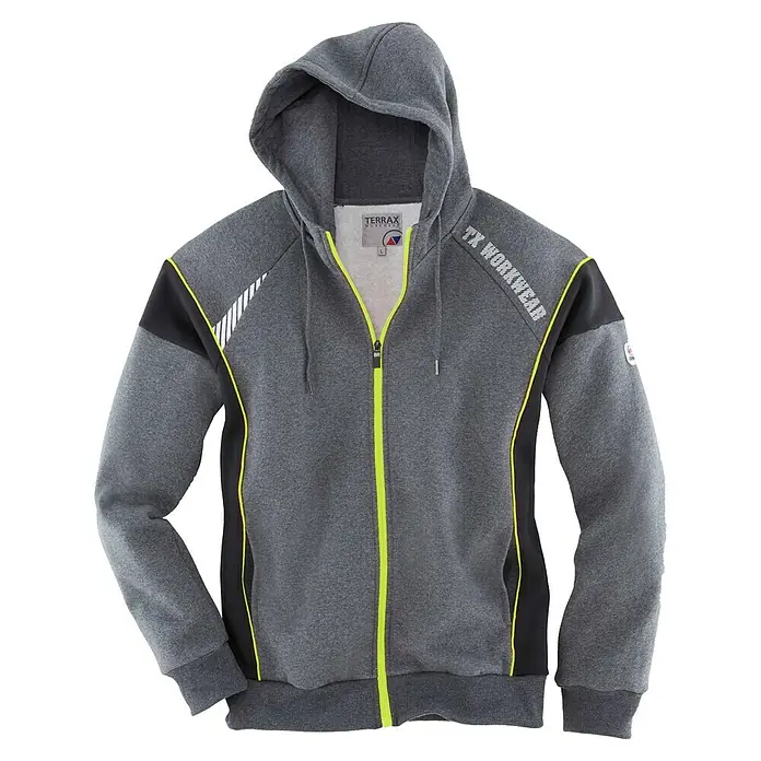 Terrax Workwear Arbeitsjacke - M, Schwarz/Grau/Limette - Grauer TERRAX Workwear Hoodie mit Kapuze, Reißverschluss und gelben Akzenten. Ideal für Arbeit und Freizeit, robust und bequem.