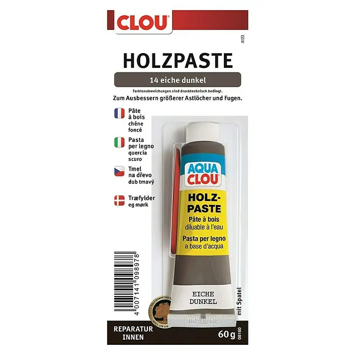 Clou Aqua Holzpaste - Eiche Dunkel, 60 g - CLOU Holzpaste 14 Eiche dunkel: Zum Ausbessern von Astlöchern und Fugen, ideal für Reparaturen im Innenbereich. Inklusive Spatel.