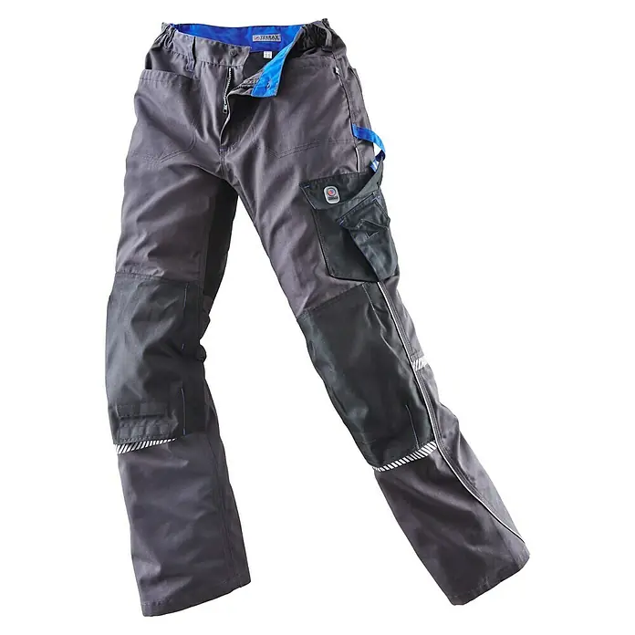 Terrax Workwear Herren-Arbeitshose - 52, Grau, Royal - Abbildung einer grauen Arbeitshose mit blauen Akzenten und praktischen Taschen. Ideal für Handwerker und alle, die robuste Kleidung benötigen.