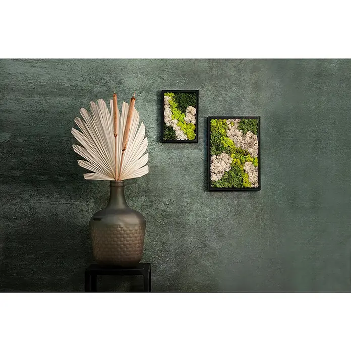 Piardino Moosbild rechteckig klein17 x 24 cm - Dekorative Wandgestaltung mit Moosbildern und einer eleganten Vase mit Trockenblumen auf einem schwarzen Tisch vor einer strukturierten Wand.