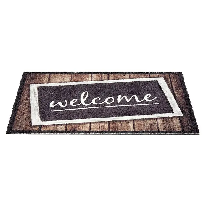 Astra Deco Fußmatte Brush - Schwarz/Braun/Grau, 50 x 70 cm - "Welcome" Fußmatte mit Holzoptik. Die Matte hat eine dunkle Mitte mit der Aufschrift "Welcome" und einem hellen Rahmen.