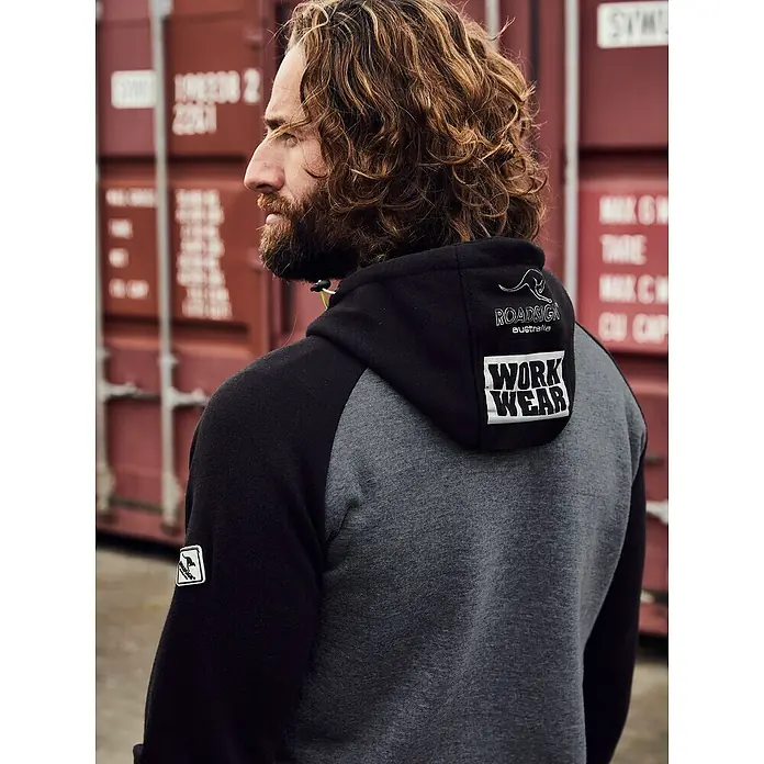 Terrax Workwear Sweatjacke - L, Schwarz/Grau - Arbeitskleidung Hoodie mit Roadsign Australien Logo. Der Hoodie ist in Grau und Schwarz gehalten und hat ein Kangaroo Logo.