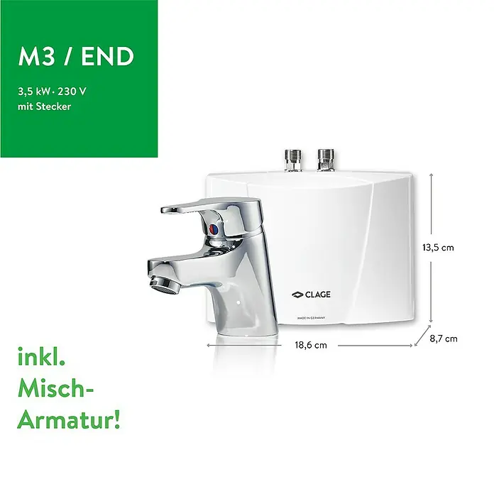 Clage Kleindurchlauferhitzer M3/END - 3,5 kW, Hydraulisch, Offen - Abbildung eines CLAGE M3/END Durchlauferhitzers mit Mischbatterie, inklusive Maßangaben für Höhe und Breite des Geräts.
