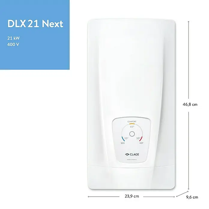 Clage Durchlauferhitzer DLX 21 Next - 21 kW, Elektronisch, Druckfest - Weißer CLAGE DLX 21 Next Durchlauferhitzer (21 kW) mit Temperaturreglern und Maßen (46,8x23,9x9,6 cm).