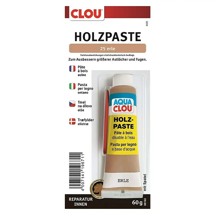 Clou Aqua Holzpaste - Erle, 60 g - Dose Clou Holzpaste 25 Erle, ideal zur Reparatur von Holzoberflächen im Innenbereich. Inklusive Spachtel zur einfachen Anwendung und Dosierung.