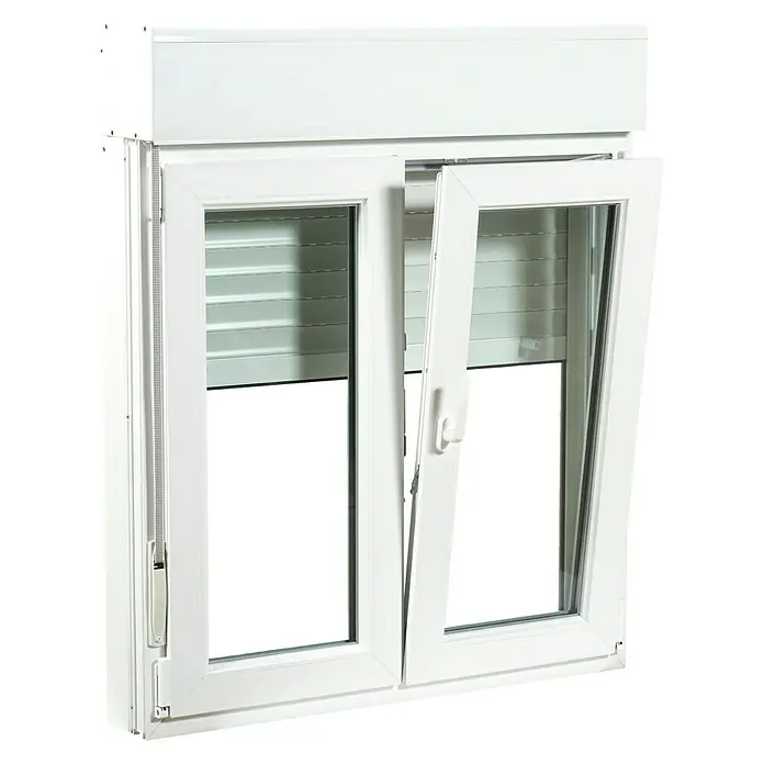 Solid Elements Ventana de PVC practicable-oscilobatiente - 120 x 138 cm, Derecha, Blanco - Ventana blanca con persianas: Una ventana blanca moderna con una caja de persianas integrada, parcialmente abierta para ventilación.