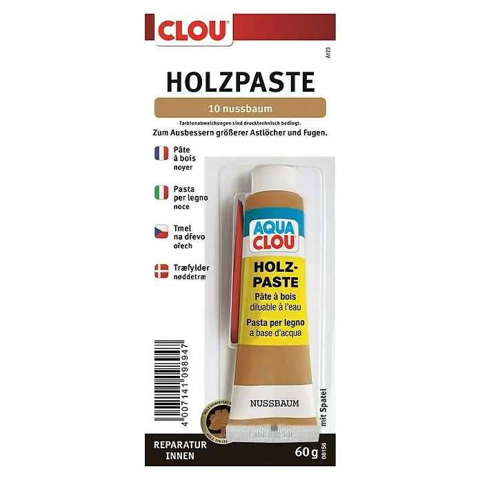 Clou Aqua Holzpaste - Nussbaum, 60 g - Bild von CLOU Holzpaste, Farbton Nussbaum. Zum Ausbessern von Astlöchern und Fugen, ideal für Reparaturen im Innenbereich. Inhalt: 60 g.