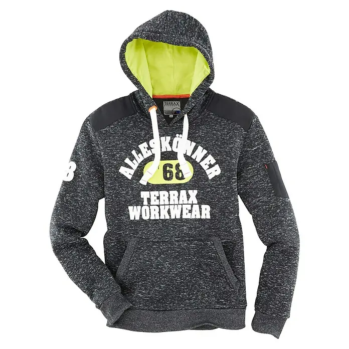 Terrax Workwear Kapuzenpullover - XL, Schwarz/Limette - Grauer TERRAX Workwear Hoodie mit Kapuze, gelbem Innenfutter und weißem Aufdruck "Alles Könner" und der Nummer 68.