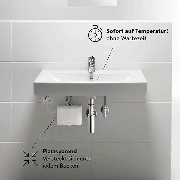 Clage Kleindurchlauferhitzer M3 - 3,5 kW, Hydraulisch, Drucklos - Waschbecken mit Clage Durchlauferhitzer für sofortiges Warmwasser. Platzsparend und versteckt unter dem Becken für eine einfache Installation.