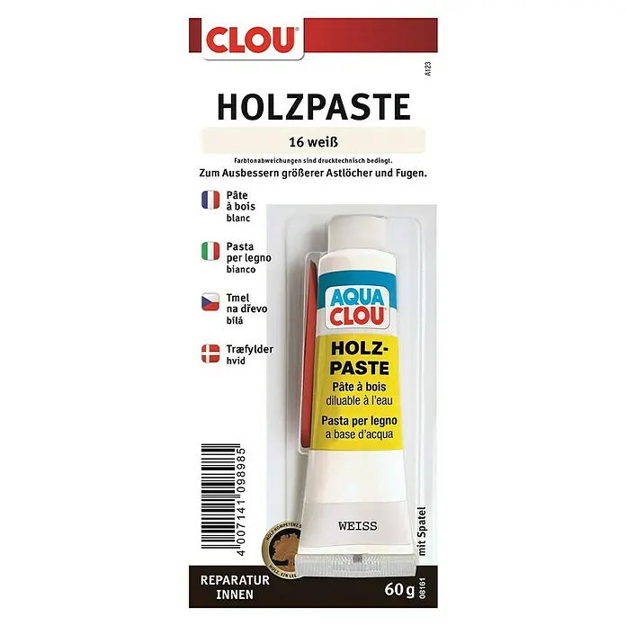 Clou Aqua Holzpaste - Weiß, 60 g - Produktabbildung von CLOU Holzpaste, einer weißen Holzreparaturmasse für den Innenbereich, zum Ausbessern von Astlöchern und Fugen.
