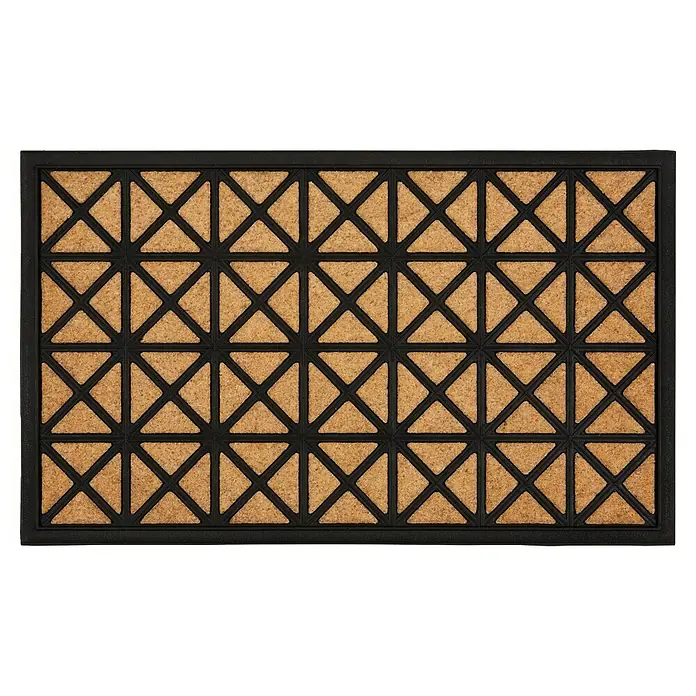 Fußmatte Border Graphic - Natur/Schwarz, 75 x 45 cm, 80 % Gummi, 20 % Polypropylen - Rechteckige Fußmatte aus schwarzem Gummi und Naturkokos mit geometrischem Dreiecksmuster.