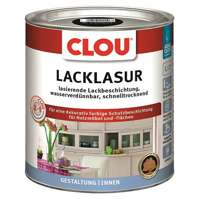 Clou Aqua Lacklasur Combi-Clou L17 - Schwarz, 375 ml, Seidenmatt - Dose CLOU Lacklasur für dekorative Farbschutzbeschichtung auf Holzmöbeln und Flächen, wasserverdünnbar und schnelltrocknend.