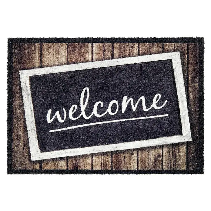 Astra Deco Fußmatte Brush - Schwarz/Braun/Grau, 50 x 70 cm - Eine rechteckige Fußmatte mit der Aufschrift "Welcome" auf einem Holzplanken-Hintergrund sorgt für einen einladenden Empfang im Eingangsbereich.