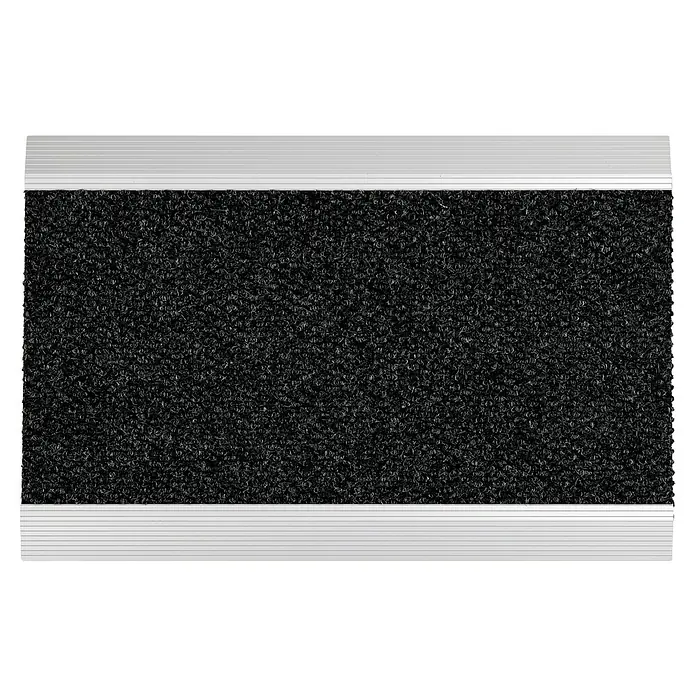Fußmatte Nub Brush - Anthrazit, 60 x 40 cm, 100 % Polypropylen - Schwarze Schlingenflor-Matte mit grober Textur und silbernen Aluminiumleisten an Ober- und Unterkante.