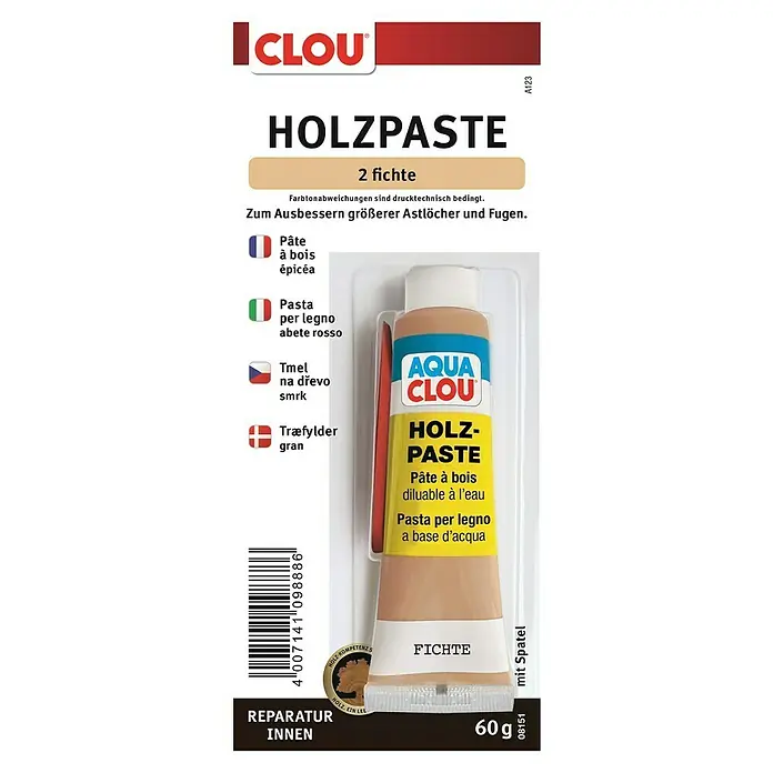 Clou Aqua Holzpaste - Fichte, 60 g - Produktbild von Clou Holzpaste, Farbton 2 Fichte, zum Ausbessern von Holzoberflächen, ideal für Reparaturen im Innenbereich.