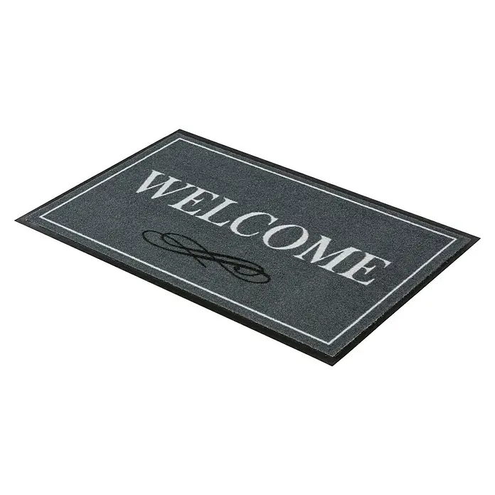 Astra Homelike Fußmatte Welcome - Grau, 40 x 60 cm, 100 % Polyamid - Graue Fußmatte mit dem Wort "Willkommen" und einer dekorativen Schnörkelverzierung. Ideal für den Eingangsbereich, um Gäste freundlich zu empfangen.