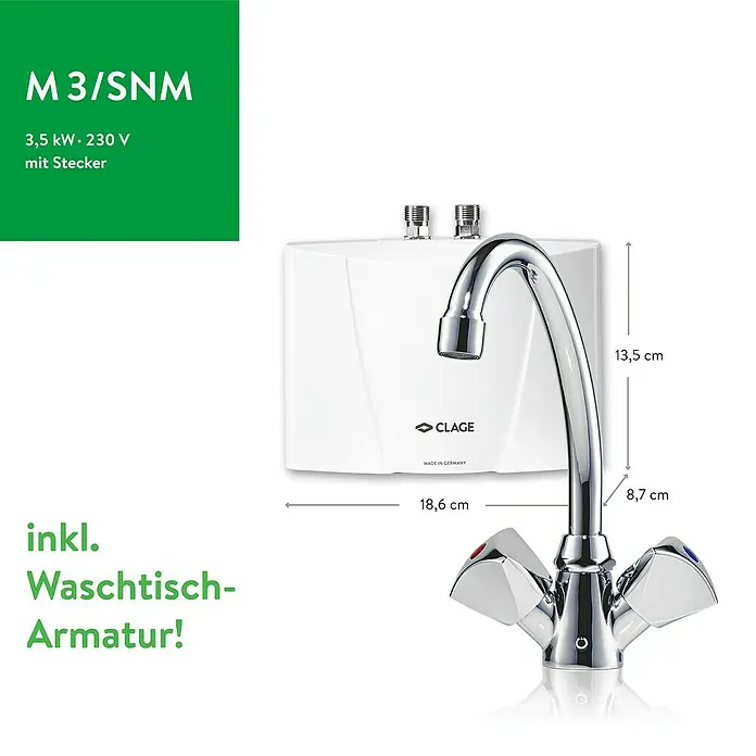 Clage Kleindurchlauferhitzer M3/SNM ND - 3,5 kW, Hydraulisch, Offen - Produktabbildung des CLAGE M3/SNM Durchlauferhitzers mit Waschtischarmatur, ideal für eine schnelle und effiziente Warmwasserbereitung im Bad.
