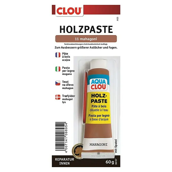 Clou Aqua Holzpaste - Mahagoni, 60 g - Abbildung einer Tube CLOU Holzpaste in Mahagoni, verwendet zur Reparatur von Holzoberflächen im Innenbereich.