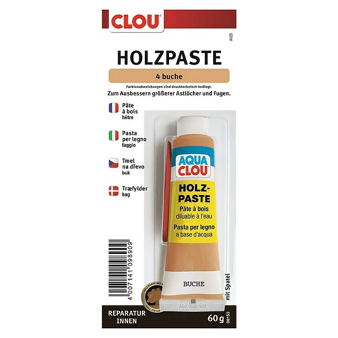 Clou Aqua Holzpaste - Buche, 60 g - Produktabbildung: Clou Holzpaste, Farbton Buche, zur Reparatur von Holzoberflächen und Ausbesserung von Astlöchern und Fugen im Innenbereich.