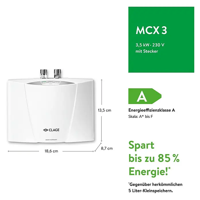 Clage Kleindurchlauferhitzer MCX3 - 3,5 kW, Elektronisch, Geschlossen - Produktbild eines CLAGE MCX 3 Kleindurchlauferhitzers mit Energieeffizienzklasse A und Abmessungen.