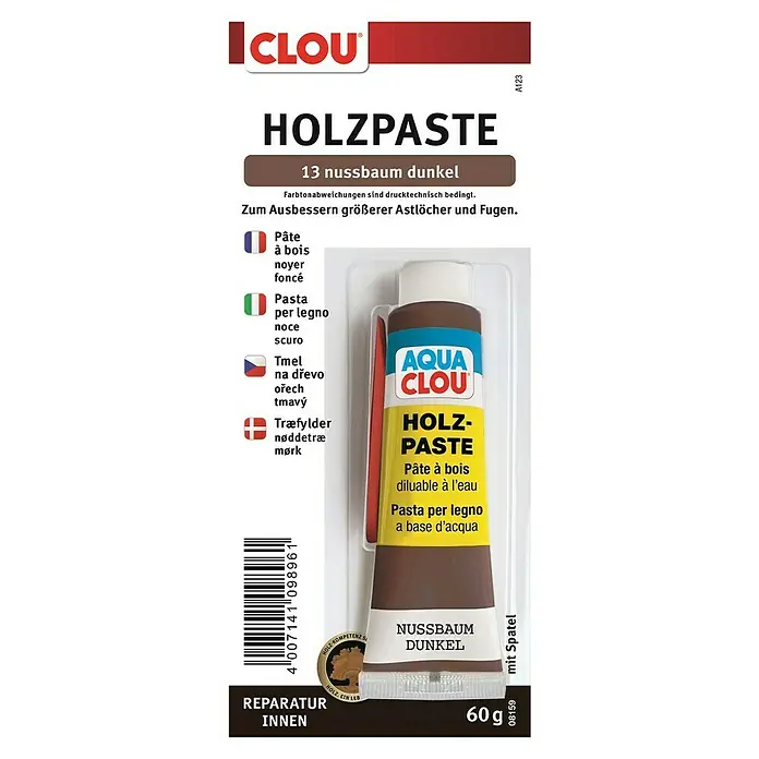 Clou Aqua Holzpaste - Nussbaum dunkel, 60 g - Bild einer 60g Tube CLOU Holzpaste, Farbton 13 Nussbaum dunkel, zur Reparatur von Holzoberflächen im Innenbereich.