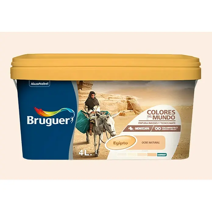 Bruguer Colores del Mundo Pintura para paredes - Egipto matiz de ocre, Mate, 4 l - Un cubo de pintura Bruguer, "Colores del Mundo" en color "Egipto OCRE NATURAL", para paredes y techos, con capa monocromática.