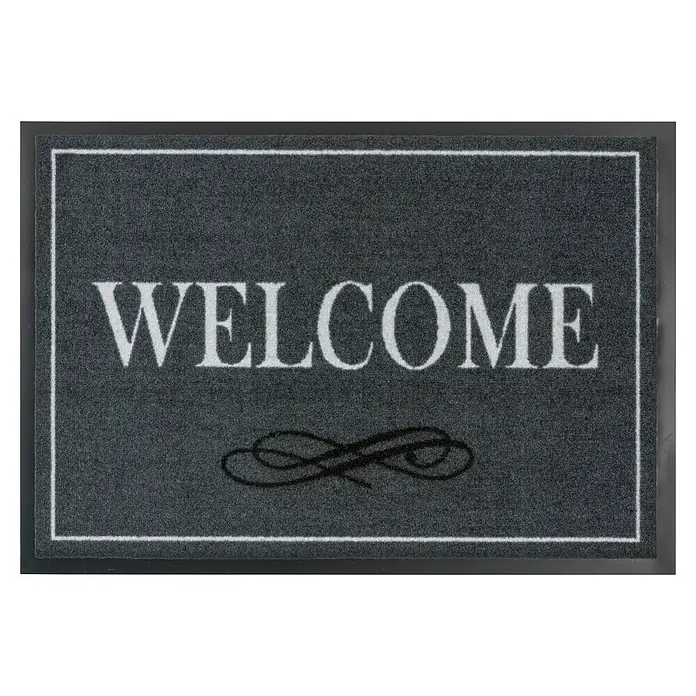 Astra Homelike Fußmatte Welcome - Grau, 40 x 60 cm, 100 % Polyamid - Graue Fußmatte mit der Aufschrift "WELCOME" in weißen Buchstaben und einem dekorativen Schnörkelmuster, ideal für den Eingangsbereich.