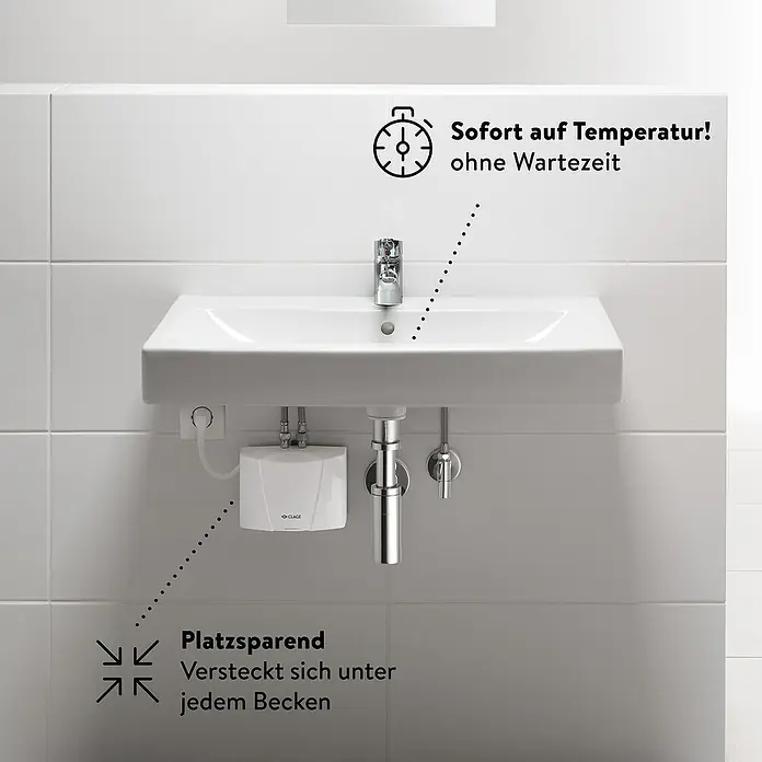 Clage Kleindurchlauferhitzer MBH3 - 3,5 kW, Hydraulisch, Druckfest - Waschbecken mit Warmwasserbereiter. Der elektronische Durchlauferhitzer sorgt sofort für warmes Wasser ohne Wartezeit und ist platzsparend.