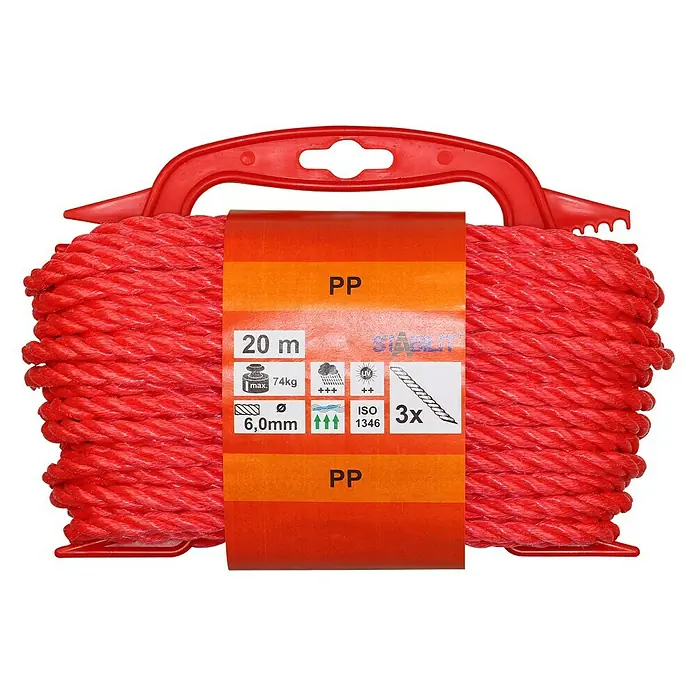 Stabilit PP-Seil - Ø x L: 6 mm x 20 m, Polypropylen, Rot, 3-schäftig gedreht - Rote Polypropylen-Seilschnur mit Tragegriff. Perfekt für den Einsatz im Garten, beim Camping oder für Bastelarbeiten. Länge: 20 m, Durchmesser: 6 mm.