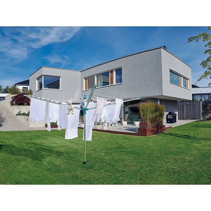 Leifheit Tendedero giratorio Linopush 500 (Adecuado para número de cargas de lavadora: 5 ud., Longitud cuerda de tender: 50 m, Diámetro abierto: 3,28 m, Gris metálico/Menta) | BAUHAUS