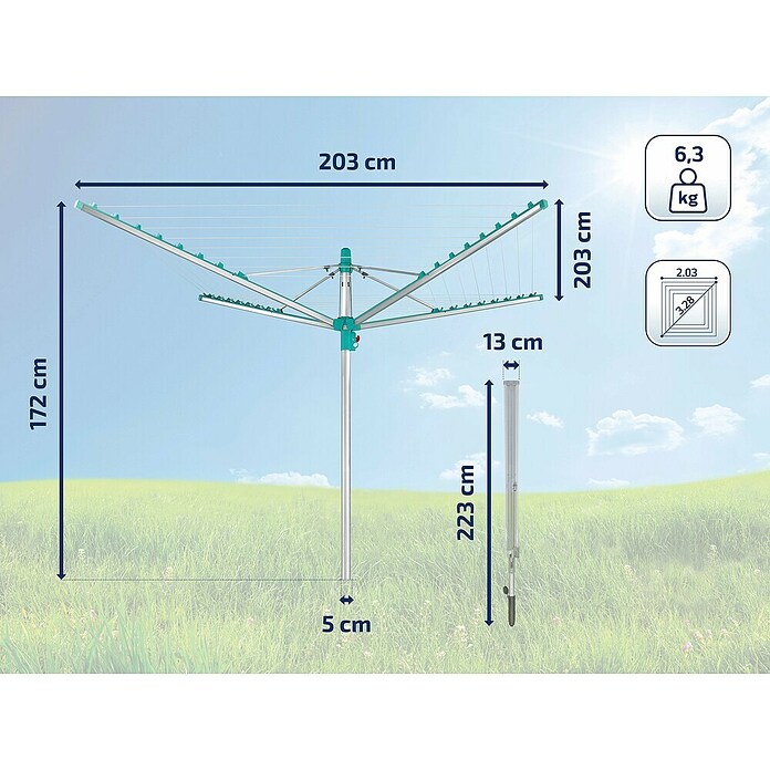 Leifheit Tendedero giratorio Linopush 500 (Adecuado para número de cargas de lavadora: 5 ud., Longitud cuerda de tender: 50 m, Diámetro abierto: 3,28 m, Gris metálico/Menta) | BAUHAUS