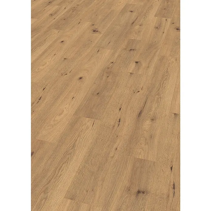 Egger Laminat NatureSense - Wildeiche Natur, Landhausdiele, 1.292 x 193 x 7 mm - Helle braune Holzdielen mit natürlicher Maserung und Ästen.