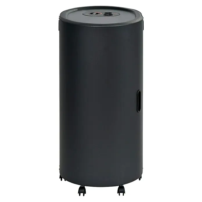 Firefix Gasheizer Chic 4200 Eco - L x B x H: 34 x 46 x 77,5 cm, Schwarz - Eine Nahaufnahme eines schwarzen, zylindrischen Wäschebehälters mit Deckel und Rollen für einfachen Transport. Der Behälter ist schlicht und modern gestaltet.