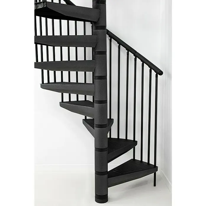 Minka Spindeltreppe Rondo Color - Durchmesser: 160 cm, Anthrazit, Geschosshöhe: 300 cm - Schwarze Wendeltreppe aus Metall mit Geländer. Die Treppe ist modern und platzsparend gestaltet, ideal für kleine Räume.
