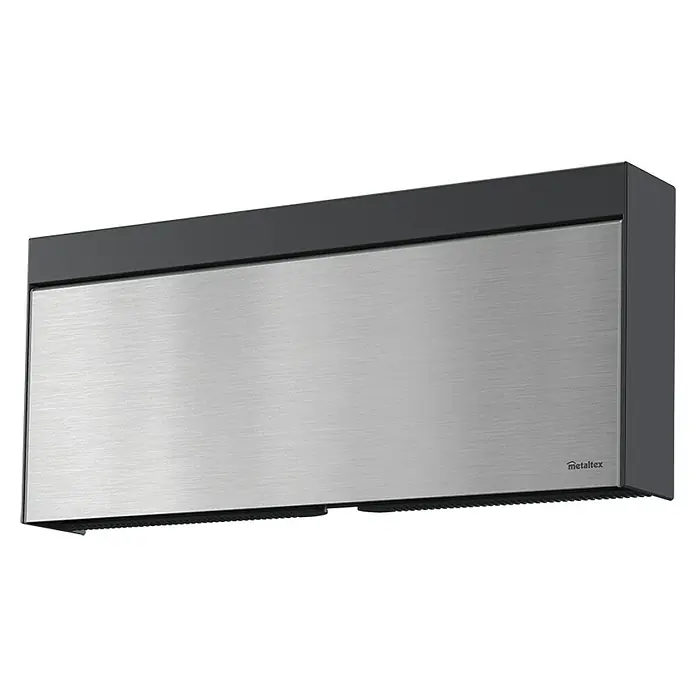 Metaltex Küchenrollenhalterung Tango Inox - L x B x H: 63 x 381 x 166 mm - Rechteckige wandmontierte Kücheneinheit mit gebürsteter Metallfront und dunkelgrauem Gehäuse.