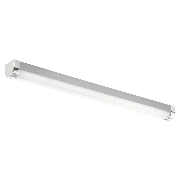 Eglo LED-Spiegelleuchte TRAGACETE 1 - 15,5 W, L x B x H: 60 x 4,5 x 4,5 cm, Chrom, Neutralweiß - Nahaufnahme einer schlanken, silbernen LED-Leuchte mit abgerundeten Endkappen, die modernes Design und effiziente Beleuchtung vereint.