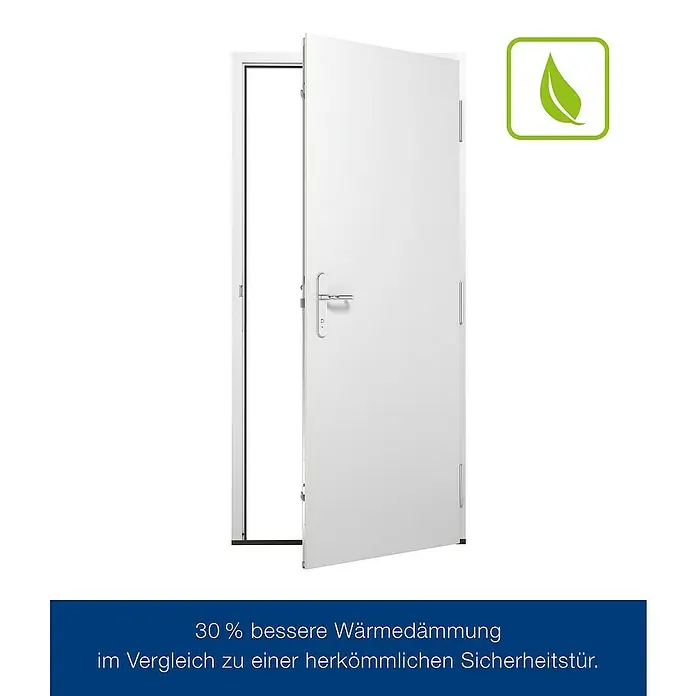 Hörmann Stahlschutztür KSI Thermo46 RC2 - 100 x 200 cm, DIN Anschlag: Rechts, Verkehrsweiß - Weiße Sicherheitstür, leicht geöffnet, mit Blatt-Symbol und 30 % besserer Wärmedämmung.